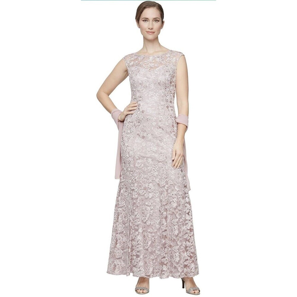 Alex Evenings Dress Gown Midi Size 12 Embroidered Formal Illusion Neckline Pink - Picture 1 of 8